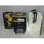 PAINTED LACQUER WORK OCCASIONAL FURNITURE and a three-fold Italian style mirror, the lacquer work