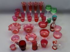 CRANBERRY, RUBY & OTHER COLOURFUL GLASSWARE, a mixed selection of drinking glasses, bowls and one