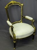 EMPIRE STYLE EBONIZED & GILT DECORATED ARMCHAIR (requiring re-upholstery), 98cms H, 66cms W, 55cms