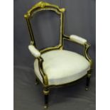 EMPIRE STYLE EBONIZED & GILT DECORATED ARMCHAIR (requiring re-upholstery), 98cms H, 66cms W, 55cms