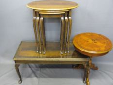 OCCASIONAL TABLE GROUP including a glass top Long-John coffee table, a vintage set of three mahogany
