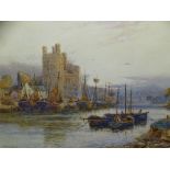 STUART LLOYD watercolour - Caernarfon Castle with moored fishing boats to foreground, 52 x 74cms