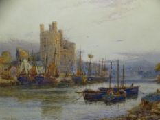 STUART LLOYD watercolour - Caernarfon Castle with moored fishing boats to foreground, 52 x 74cms