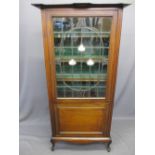 ARTS & CRAFTS STYLE INLAID MAHOGANY CABINET with single leaded and stained glass door above a