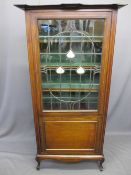 ARTS & CRAFTS STYLE INLAID MAHOGANY CABINET with single leaded and stained glass door above a