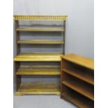 THREE OAK EFFECT BOOKCASES, 73cms H, 95.5cms W, 39cms D, 81.5cms H, 77.5cms W, 29.5cms D and 74cms