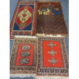 FOUR MIDDLE EASTERN/PERSIAN SCATTER RUGS including a colourful example with central block pattern