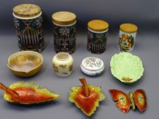 MID-CENTURY PORTMEIRION & OTHER STORAGE JARS, decorative china and three Limoges enamel leaf