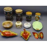 MID-CENTURY PORTMEIRION & OTHER STORAGE JARS, decorative china and three Limoges enamel leaf