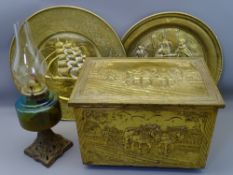 VINTAGE OIL LAMP with glass font and cast iron base, repousse brass log/coal box and two wall