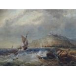 WATERCOLOUR - maritime scene, fishing boat in rough seas with castle in background, unsigned, 41 x