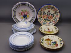 QUIMPER & OTHER DECORATIVE PLATES & CHARGERS with a quantity of blue and white Greek Key decorated