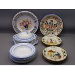 QUIMPER & OTHER DECORATIVE PLATES & CHARGERS with a quantity of blue and white Greek Key decorated