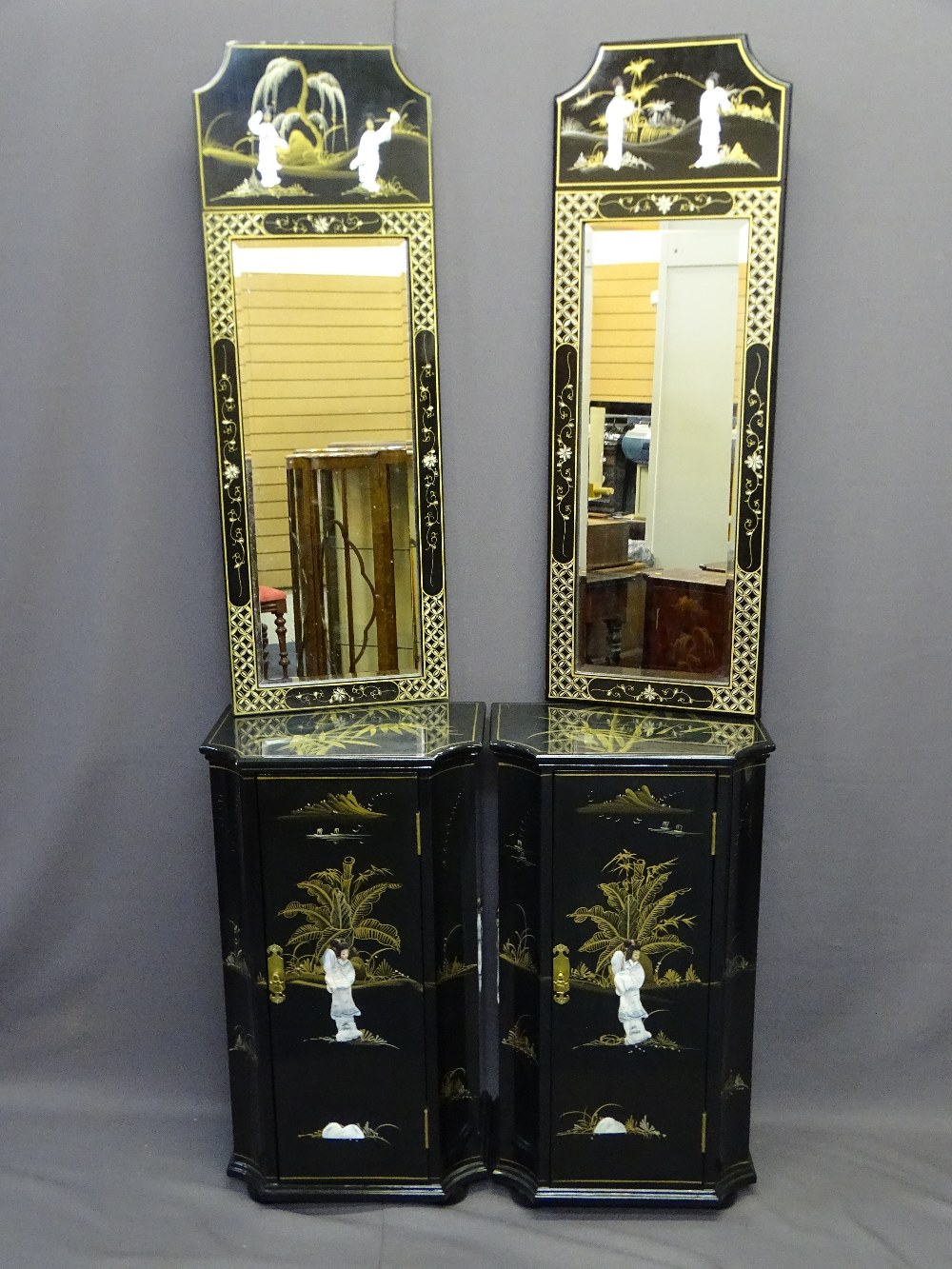 JAPANESE LACQUER WORK SINGLE DOOR CABINET & MIRROR ENSEMBLE, a pair, the cabinets with inverted