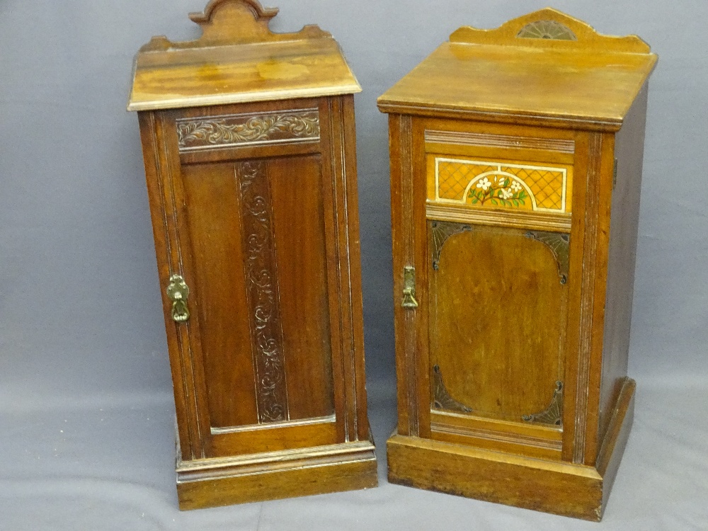 TWO CIRCA 1900 BEDSIDE POT CUPBOARDS in mahogany with carved detail and shaped back rail, 85cms H,