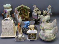 MAJOLICA GLUG JUGS, Staffordshire 'Hens on Nests', Parian figurines and other mixed pottery,