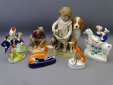 VICTORIAN PARIAN GROUP, Staffordshire figurines and greyhounds along with a Royal Doulton mat