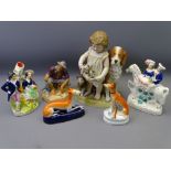 VICTORIAN PARIAN GROUP, Staffordshire figurines and greyhounds along with a Royal Doulton mat