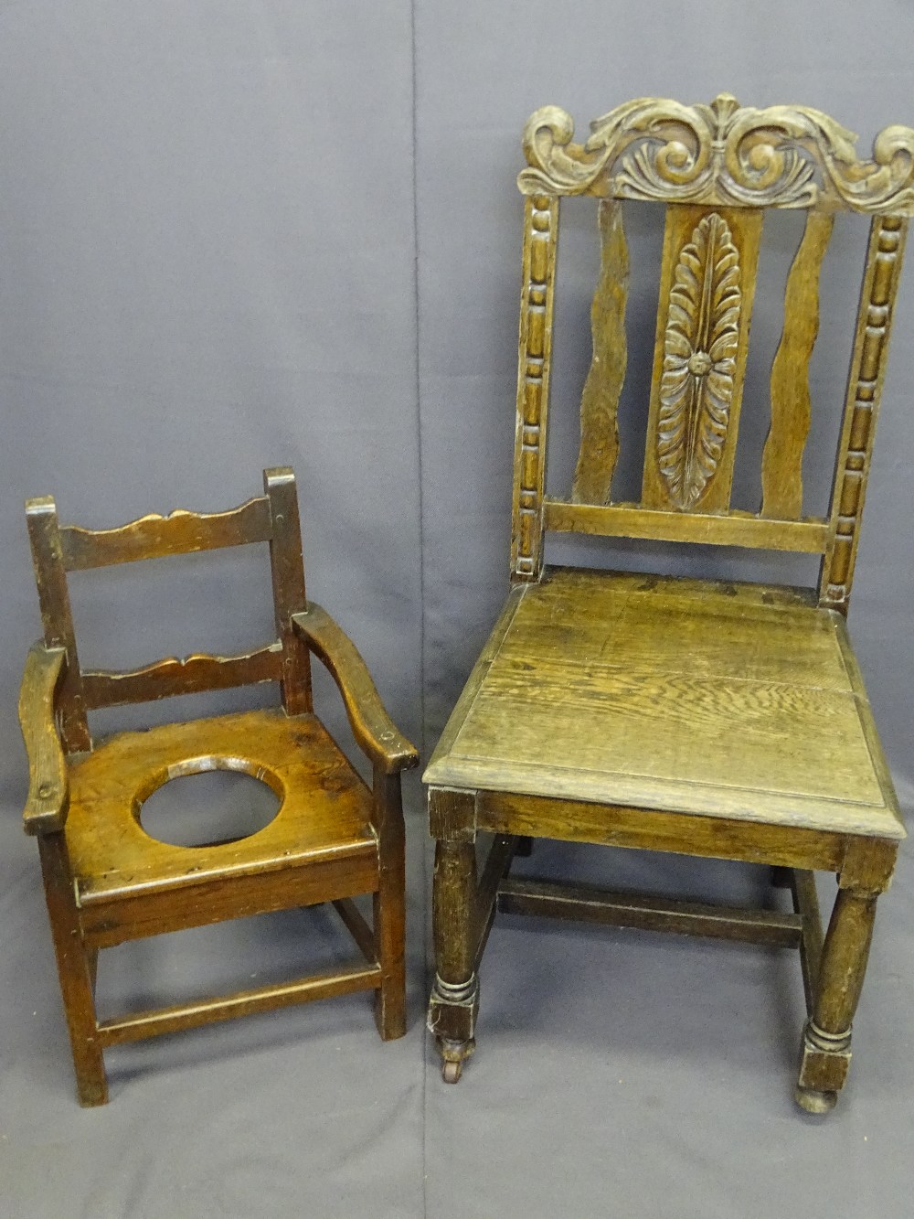 CIRCA 1860 CHILD'S PINE ARMCHAIR and a carved oak hall chair, the armchair peg joined construction