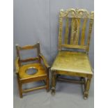 CIRCA 1860 CHILD'S PINE ARMCHAIR and a carved oak hall chair, the armchair peg joined construction