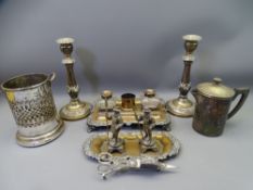 SHEFFIELD PLATE TYPE DESK ITEMS to include ink stand with glass ink pots, a pair of candle