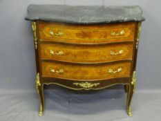 REPRODUCTION FRENCH STYLE SERPENTINE FRONT CHEST with shaped black marble top over three drawers