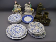 MIXED BLUE & WHITE DINNERWARE, pair of Staffordshire figures on horseback and a stoneware part