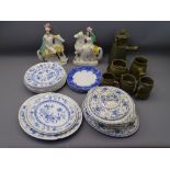 MIXED BLUE & WHITE DINNERWARE, pair of Staffordshire figures on horseback and a stoneware part