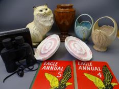 BESWICK BASKETS, a pair, with palm tree decoration (AF), 27cms H, a plaster cat figure, plaster