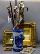 CHINESE STYLE BLUE & WHITE POTTERY STICK STAND & CONTENTS including a silver topped walking cane,