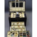 QUALITY BLACK LEATHER EFFECT JEWELLERY BOX & CONTENTS including two 9ct dress rings and a dragon fly