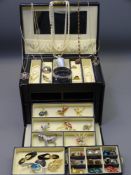 QUALITY BLACK LEATHER EFFECT JEWELLERY BOX & CONTENTS including two 9ct dress rings and a dragon fly