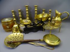 CAST IRON KITCHEN SCALES, Victorian and later brass candlesticks, an oak biscuit barrel and other