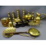 CAST IRON KITCHEN SCALES, Victorian and later brass candlesticks, an oak biscuit barrel and other