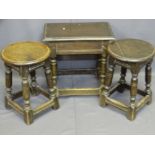 THREE VINTAGE JOINED OAK TYPE STOOLS including a rectangular example, 46.5cms H, 46cms L, 28.5cms