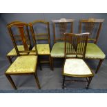 HARLEQUIN GROUP OF SIX INLAID MAHOGANY SIDE CHAIRS one requiring restoration