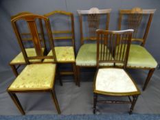 HARLEQUIN GROUP OF SIX INLAID MAHOGANY SIDE CHAIRS one requiring restoration