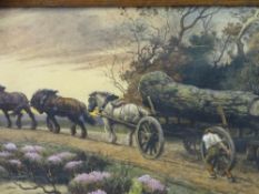 HERBERT DIXIE print - shire horses towing lumber, 40 x 67cms