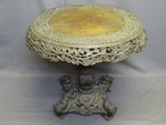 BURMESE CARVED HARDWOOD TILT-TOP TABLE, 88cms D top with profuse edge and pierced carved detail,