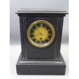 VICTORIAN BLACK SLATE MANTEL CLOCK, 30cms H, 23.5cms W (lacking pendulum and key)