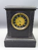 VICTORIAN BLACK SLATE MANTEL CLOCK, 30cms H, 23.5cms W (lacking pendulum and key)