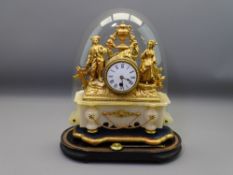 FRENCH GILT METAL & ALABASTER MANTEL CLOCK under a glass dome, 45cms overall H, 30 x 30cms the