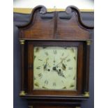 CIRCA 1840 OAK LONGCASE CLOCK, 13" square painted dial set with Roman numerals, subsidiary seconds