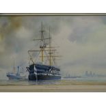 WATERCOLOUR - HMS Conwy at Liverpool, indistinctly signed, 28 x 44.5cms