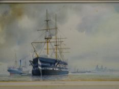 WATERCOLOUR - HMS Conwy at Liverpool, indistinctly signed, 28 x 44.5cms