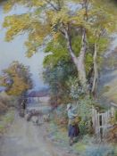 FREDERICK J KNOWLES watercolour - lady picking berries and shepherd with sheep, 43 x 31cms