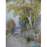 FREDERICK J KNOWLES watercolour - lady picking berries and shepherd with sheep, 43 x 31cms