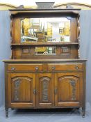 CIRCA 1900 MAHOGANY MIRROR BACK SIDEBOARD with central shelf and carved detail over a two drawer,