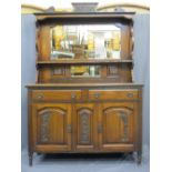 CIRCA 1900 MAHOGANY MIRROR BACK SIDEBOARD with central shelf and carved detail over a two drawer,