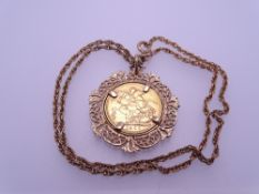 VICTORIA FULL GOLD SOVEREIGN, 1900 in a pierced 9ct gold mount and necklace, 19grms gross